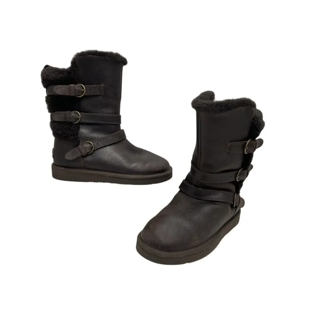 UGG Australia Chocolate Brown Leather Bow Buckle Mid-Calf Boot Size 7 Brand New